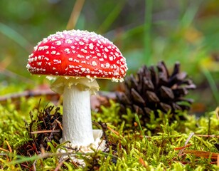 Close-up of a red mushroom in a forest setting