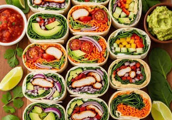 Appetizing tortilla wraps filled with bright colorful vegetables arranged neatly on rustic wooden board for culinary presentation