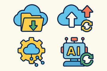 Set of four flat design icons representing cloud computing artificial intelligence and data management concepts