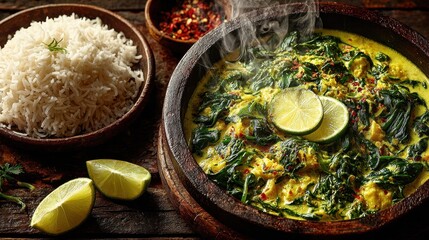Vibrant curry dish with fresh ingredients served in wooden bowls