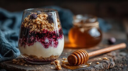 Yogurt parfait with granola and honey in a glass