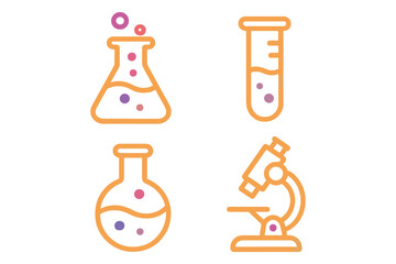 Set of four colorful science laboratory equipment icons including flasks and microscope