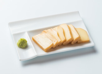 Hatoshi Japanese Shrimp Toast Deep Fried Snack with Salt and Lemon in white tray on white background side view