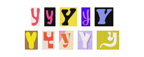 Vintage and modern letter Y tiles, magazine collage on clear PNG

