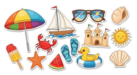 Fototapeta premium Fun summer beach sticker collection with umbrella, sailboat, sunglasses, seashells, crab, sandcastle, sun, popsicle, starfish, watermelon, flip-flops, and rubber duck for creative projects.