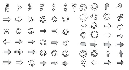Comprehensive set of outlined arrow icons in various directions, styles, and rotations, perfect for navigation, user interface, infographics, maps, diagrams, and digital design projects.

