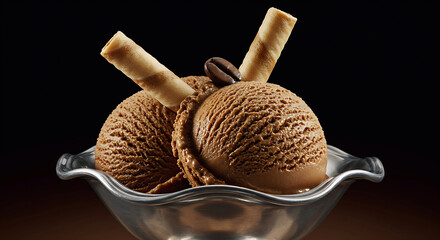 Dark Roast Coffee Ice Cream Scoop in Silver Dessert Dish with Wafer Roll, National Coffee Ice Cream Day