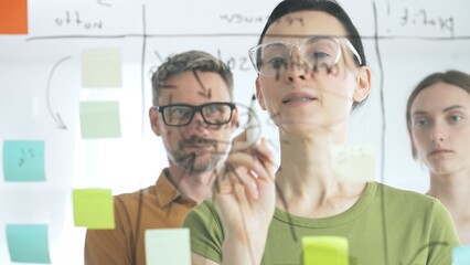Professional team strategizing, writing collaborative notes on glass board, mapping innovative project workflow with marker