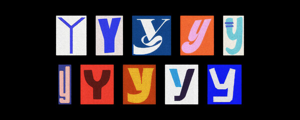Assorted letter Y glyph styles, paper cutout collage on black
