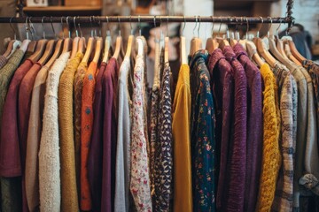 A variety of colorful sweaters and cardigans hang neatly on wooden hangers in a cozy boutique. Soft fabrics showcase warm earth tones and floral patterns, perfect for autumn