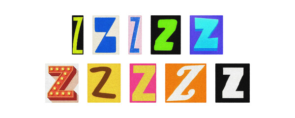 Assorted letter Z glyphs collage, clear transparent PNG
