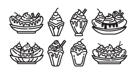 Banana Split Line Art Vintage Fast Food Illustration