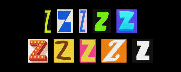 Assorted letter Z glyph tiles displayed on black background
