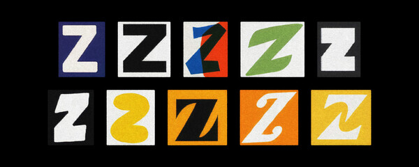 Bold letter Z collection, magazine collage on black background

