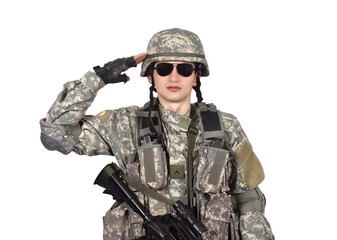 An American soldier in full uniform, wearing a helmet and carrying a rifle, salutes.