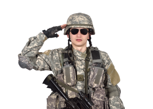 An American soldier in full uniform, wearing a helmet and carrying a rifle, salutes.