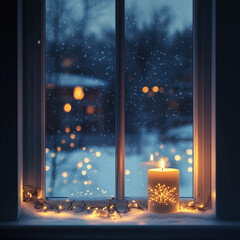 Cozy Winter Candle on Snowy Windowsill with Holiday Lights
