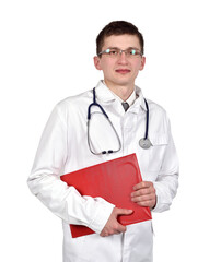 Young doctor in lab coat with stethoscope holding red clipboard