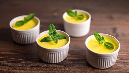 Three Creamy Yellow Desserts In Ramekins Garnished With Fresh Mint Leaves On A Wooden Surface Generative Ai