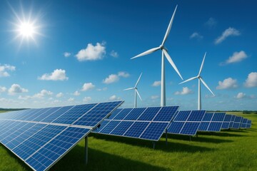 Renewable energy sources with solar panels and wind turbines on a clear sunny day