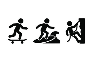 Iconic silhouettes representing action sports including skateboarding surfing and rock climbing