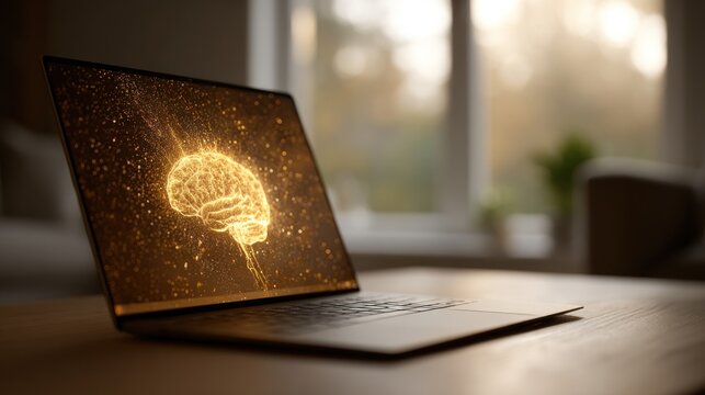 Digital brain visualization on a laptop screen in a cozy indoor setting during daytime - Powered by Adobe