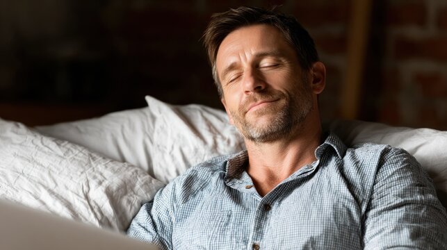 Man resting peacefully on a cozy couch in a relaxed setting during evening hours