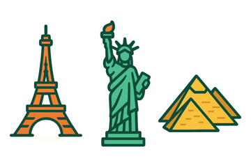Iconic landmarks eiffel tower statue of liberty and pyramids representing world travel and tourism