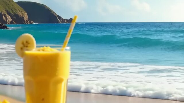 Refreshing mango smoothie with banana slice on the beach
