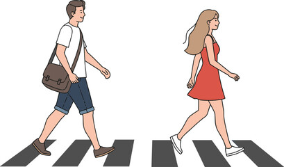 Urban pedestrian crosswalk scene, two people walking, street fashion, summer outfit, city lifestyle, movement, footwear, casual wear, public space, travel
