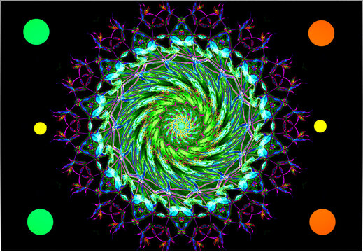 "An intricate mandala anchors the center, unfolding in concentric layers of symmetry. Around it, luminous orbs drift in orbit, each pulsing with vibrant color, evoking a sense of cosmic balance,"