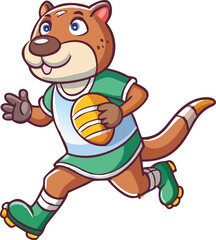 Young cartoon boy character playing soccer with a fun, smiling bear illustration