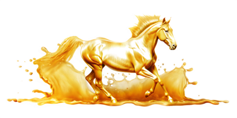 a dynamic golden horse formed from a splash of liquid isolated on white background, png, ai generated