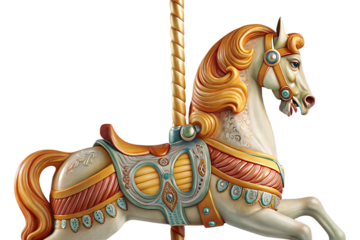 a plastic horse of a carousel isolated on white background, png, ai generated