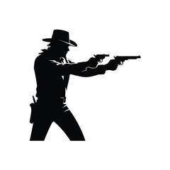 Silhouette of a cowboy aiming two pistols ready for a showdown