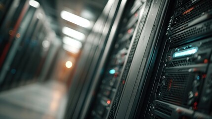 Data center setup shows rows of servers illuminated by soft lighting in a modern facility