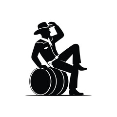 Silhouette of a cowboy sitting on barrels wearing a hat and boots
