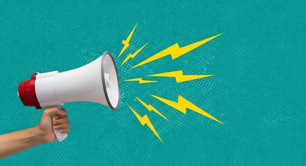 Megaphone Announcing with Lightning Bolts on Teal Background