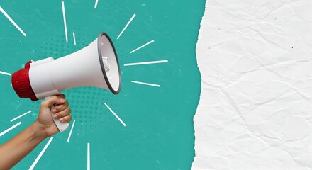 Megaphone in Hand with Torn Paper Edge and Teal Background
