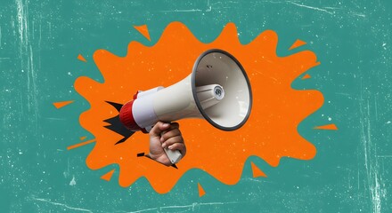 Megaphone in Hand Bursting Through Abstract Background