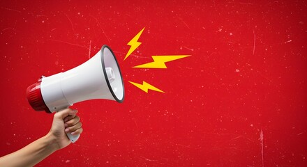 Megaphone in Hand with Yellow Lightning Bolts on Red Background