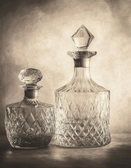 A vintage-style sepia-toned photo of two crystal glass decanters
