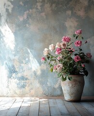 A wall painted with distressed paint, roses in a vase on the floor