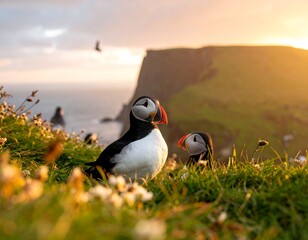 Puffins at sunset on a grassy cliff
