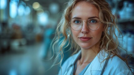 Portrait of a Confident Female Doctor in Laboratory Coat with Glasses in Modern Healthcare Environment
