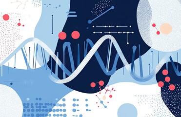 Blue background with DNA structure and medical elements, vector illustration, simple lines