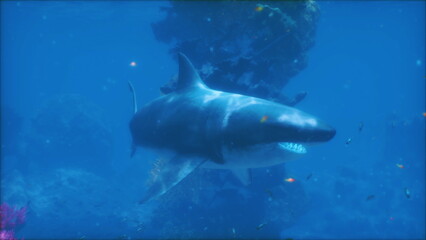 Fototapeta premium A great white shark glides gracefully through a vibrant coral reef, showcasing its strength and elegance as it navigates the underwater landscape during daylight.