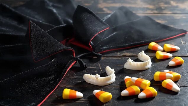 A still life of candy corn and vampire fangs on a black cloth with red trim on a wooden surface