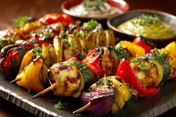 Colorful vegetarian kebabs are arranged neatly on a platter, showcasing grilled vegetables and served with flavorful dipping sauces, creating a delightful culinary experience