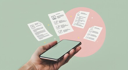 Mobile Checklist App: Hand Holding Smartphone with Floating Checklists